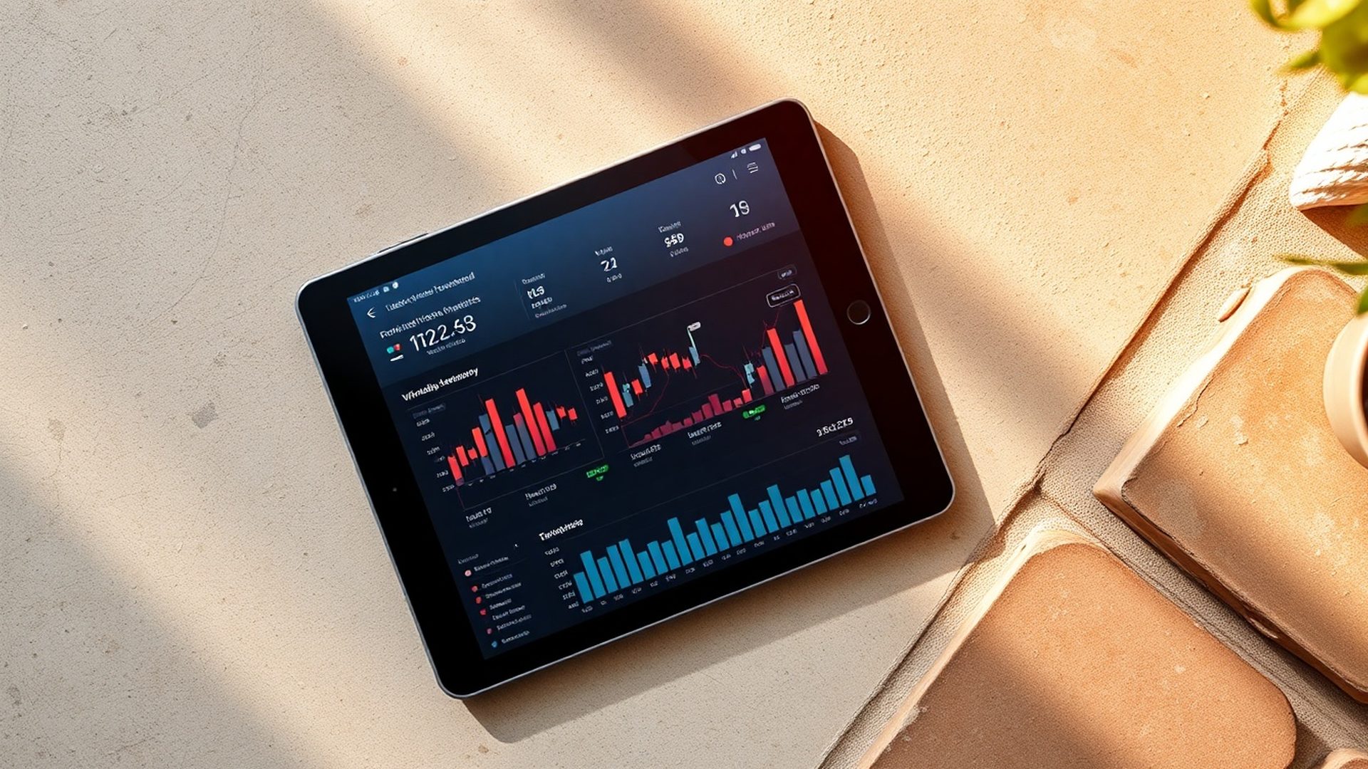 Tablet s investicijskim dashboardom u slate paleti